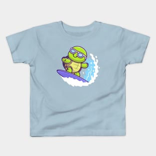 Cute Turtle Surfing In Sea Cartoon Kids T-Shirt